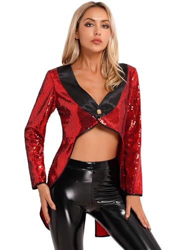 Runhomal Damen Pailletten Frack Zirkus Jacke Smoking Oberbekleidung Glitzer Damenfrack Zirkus Ringmaster Kostüm Faschingskostüm Party Karneval Moderator Rot A XL Runhomal Damen Pailletten Frack Zirkus Jacke Smoking Oberbekleidung Glitzer Damenfrack Zirkus Ringmaster Kostüm Faschingskostüm Party Karneval Moderator Rot A XL von Runhomal