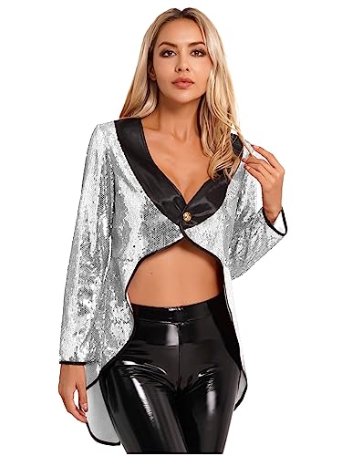 Runhomal Damen Pailletten Frack Zirkus Jacke Smoking Oberbekleidung Glitzer Damenfrack Zirkus Ringmaster Kostüm Faschingskostüm Party Karneval Moderator Silber 3XL Runhomal Damen Pailletten Frack Zirkus Jacke Smoking Oberbekleidung Glitzer Damenfrack Zirkus Ringmaster Kostüm Faschingskostüm Party Karneval Moderator Silber 3XL von Runhomal