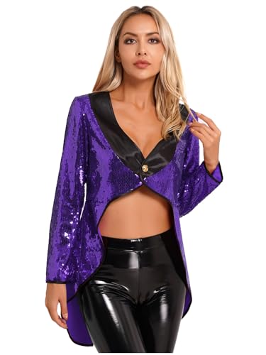 Runhomal Damen Pailletten Frack Zirkus Jacke Smoking Oberbekleidung Glitzer Damenfrack Zirkus Ringmaster Kostüm Faschingskostüm Party Karneval Moderator Violett A XXL Runhomal Damen Pailletten Frack Zirkus Jacke Smoking Oberbekleidung Glitzer Damenfrack Zirkus Ringmaster Kostüm Faschingskostüm Party Karneval Moderator Violett A XXL von Runhomal
