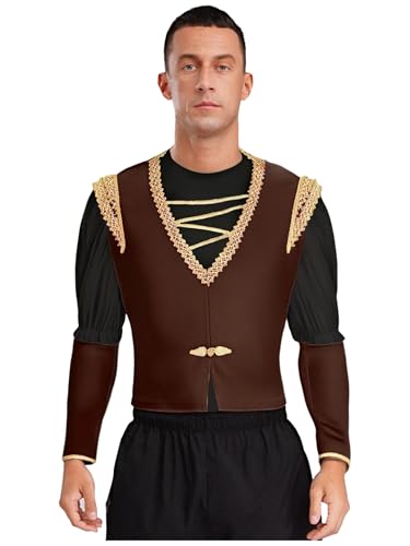 Runhomal Männer Ballett Prinz Tanzkostüm V-Ausschnitt Goldbesatz Weste mit Langarm Samt Crop Top für Tanzauftritt Cosplay Halloween Verkleidung Schwarz Braun XXL von Runhomal