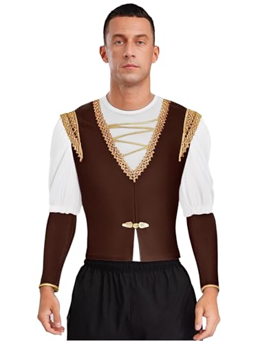 Runhomal Männer Ballett Prinz Tanzkostüm V-Ausschnitt Goldbesatz Weste mit Langarm Samt Crop Top für Tanzauftritt Cosplay Halloween Verkleidung Weiß Braun XXL von Runhomal