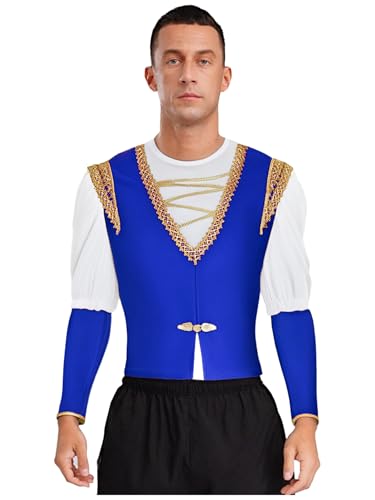 Runhomal Männer Ballett Prinz Tanzkostüm V-Ausschnitt Goldbesatz Weste mit Langarm Samt Crop Top für Tanzauftritt Cosplay Halloween Verkleidung Weiß Königsblau XXL von Runhomal
