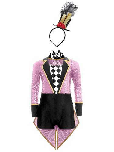 Runhomal Zirkus Kostüm Kinder Mädchen Zirkusdirektor Verkleidung Pailletten Tanzbody Mit Zylinder Hut Ringmaster Uniform Halloween Faschingkostüm Rosa 158-164 von Runhomal