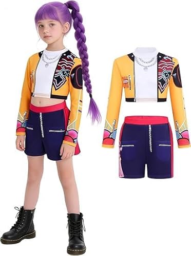 Runkoyea Pop Hunters Kostüm Für Mädchen, Anime Hunters Pop Sänger Cosplay Kostüm, Halloween Bühnen Rollenspiel Karneval Outfit Für Kinder Mädchen 3-12 Jahre von Runkoyea