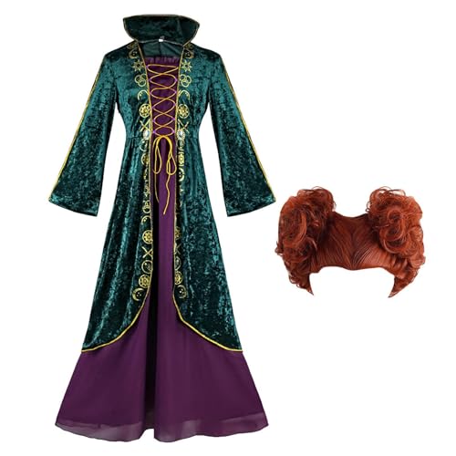Runkoyea Winifred Sanderson Kostüm Mit Perücke, Winifred Sanderson Kleids Für Damen, Sandersons Schwestern Kostüm Witch Cosplay Für Erwachsene, Mittelalterliches Grünes Samtkleid In Übergröße von Runkoyea