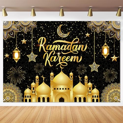 Großes Ramadan Mubarak Banner Deko mit Schnur, 180 x 110 cm Großer Muslimischer Umrah Mubarak Fotoautomaten Hintergrund für Eid Partyzubehör (Black) von Runmeihe