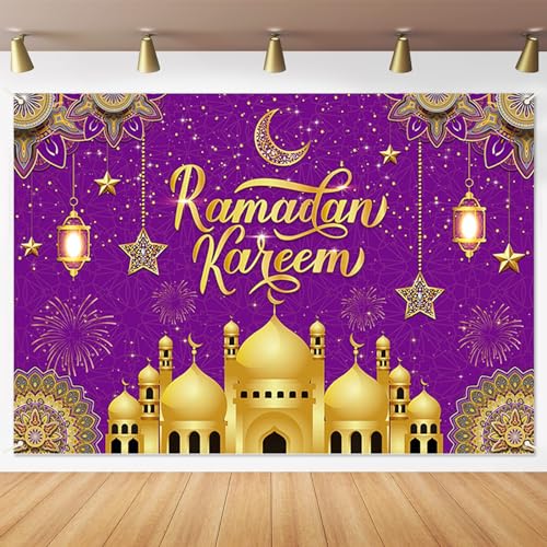 Großes Ramadan Mubarak Banner Deko mit Schnur, 180 x 110 cm Großer Muslimischer Umrah Mubarak Fotoautomaten Hintergrund für Eid Partyzubehör (Purple) von Runmeihe