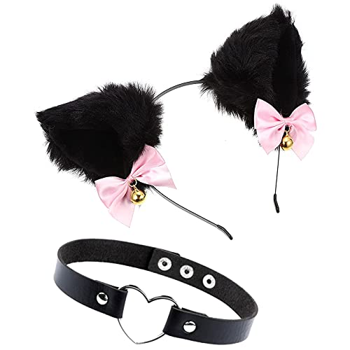 Katzenohren Haarreif, Cat Ears Headband Plüsch Ohren Haarband mit Glocken Bogen, Kostüm Katze Maid Outfit Cosplay für Mädchen Damen (schwarz) von Runmeihe