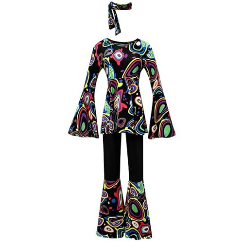 Runstarshow 60er Jahre Faschingskostüm für Damen 70er Jahre Disco Hippie Outfit 80er Jahre Halloween Kostüme Glockenärmel Oberteil Schlaghose mit Stirnband S-XXL von Runstarshow