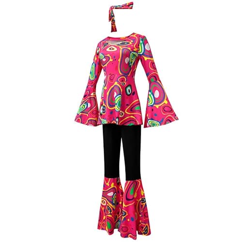 Runstarshow 60er Jahre Faschingskostüm für Damen 70er Jahre Disco Hippie Outfit 80er Jahre Halloween Kostüme Glockenärmel Oberteil Schlaghose mit Stirnband S-XXL von Runstarshow