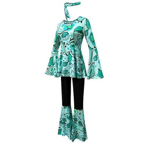 Runstarshow 60er Jahre Faschingskostüm für Damen 70er Jahre Disco Hippie Outfit 80er Jahre Halloween Kostüme Glockenärmel Oberteil Schlaghose mit Stirnband S-XXL von Runstarshow
