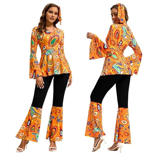 Runstarshow 60er Jahre Faschingskostüm für Damen 70er Jahre Disco Hippie Outfit 80er Jahre Halloween Kostüme Glockenärmel Oberteil Schlaghose mit Stirnband S-XXL von Runstarshow