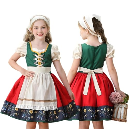Runstarshow Bayerisches Kostüm Mädchen Dirndl Kleid Kinder Oktoberfest Outfit 3-teiliges Puffärmel Kleid mit Blumenstickerei Schürze Kopfbedeckung Deutsche Biermädchen-Kostüme Alter 5-12 Jahre von Runstarshow