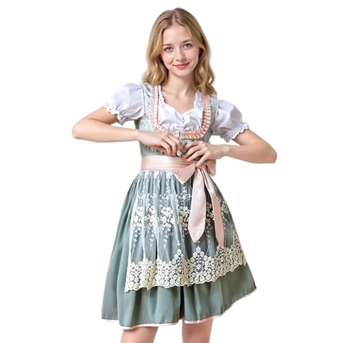 Runstarshow Bayerisches Outfit Damen Oktoberfest Kostüm 3-teiliges Dirndlkleid mit Schürze Puffärmel Bluse Deutsches Bierfest Outfits Größe 36-44 (M-XL) von Runstarshow