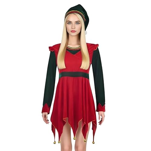 Runstarshow Elfenkostüm für Damen, 2-teiliges Weihnachtskleid, Elfenhut mit Pompon, Fee, Halloween-Kostüme, Erwachsene, Übergröße, Größen 36-48 (S-XXL) von Runstarshow
