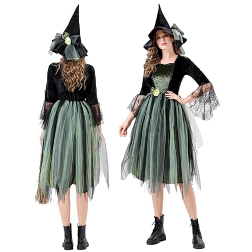Runstarshow Halloween-Kostüme für Erwachsene, Damen, Hexen-Outfit, gestuftes Tüll, Zauberin, Hexenhut mit Blumen, Gothic-Kostüm, mittelalterliches Feenkostüm, Größe 36-44 von Runstarshow
