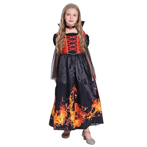 Runstarshow Halloween-Kostüme für Kinder, Mädchen, Vampir-Outfit, Gothic-Kleid mit Choker-Halskette, Hexen-Prinzessinnen-Kostüm, gruseliges Kapuzen-Kostüm, Alter 5–14 Jahre von Runstarshow
