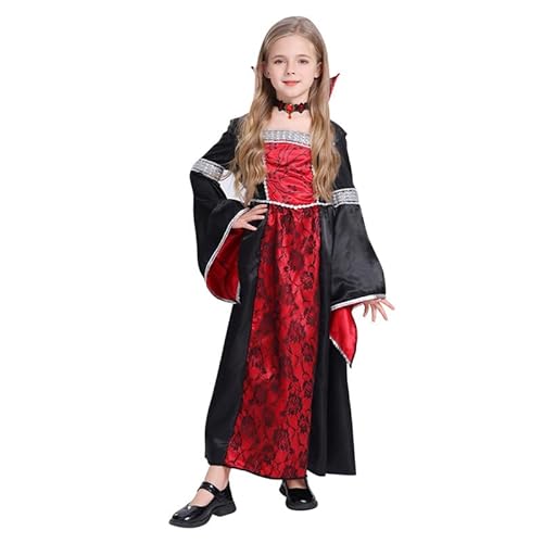 Runstarshow Halloween-Kostüme für Kinder, Mädchen, Vampir-Outfit, Gothic-Kleid mit Choker-Halskette, Hexen-Prinzessinnen-Kostüm, gruseliges Kapuzen-Kostüm, Alter 5–14 Jahre von Runstarshow