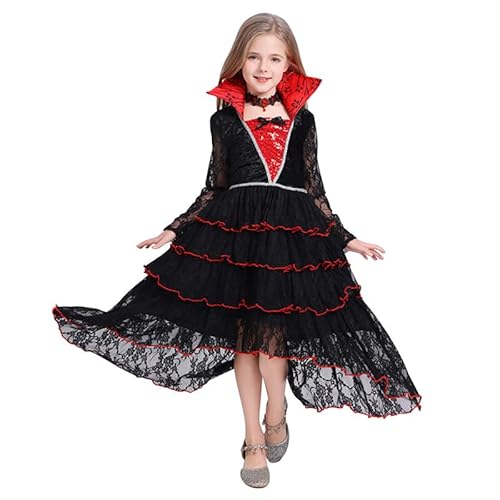 Runstarshow Halloween-Kostüme für Kinder, Mädchen, Vampir-Outfit, Gothic-Kleid mit Choker-Halskette, Hexen-Prinzessinnen-Kostüm, gruseliges Kapuzen-Kostüm, Alter 5–14 Jahre von Runstarshow