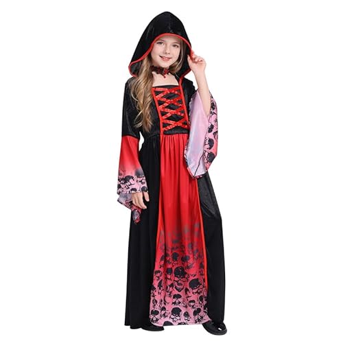 Runstarshow Halloween-Kostüme für Kinder, Mädchen, Vampir-Outfit, Gothic-Kleid mit Choker-Halskette, Hexen-Prinzessinnen-Kostüm, gruseliges Kapuzen-Kostüm, Alter 5–14 Jahre von Runstarshow