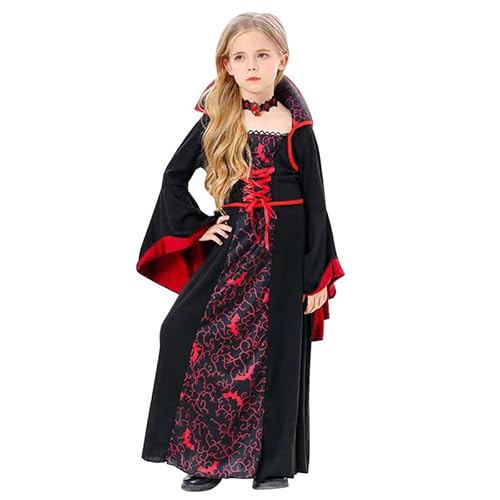 Runstarshow Halloween-Kostüme für Kinder, Mädchen, Vampir-Outfit, Gothic-Kleid mit Choker-Halskette, Hexen-Prinzessinnen-Kostüm, gruseliges Kapuzen-Kostüm, Alter 5–14 Jahre von Runstarshow