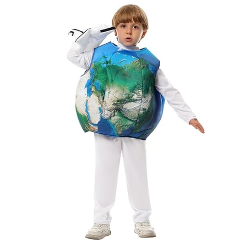 Runstarshow Kinder-Erd-Kostüm, Halloween-Outfits für Jungen und Mädchen, Weltraum-Outfit, 3-teiliges Set, Planeten-Umhang, weißer Body, Flugzeug-Handschuh, Karneval, Fasching, Alter 5–10 Jahre von Runstarshow
