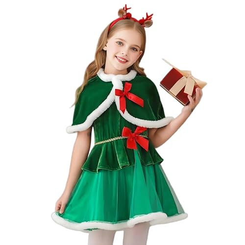 Runstarshow Kinder-Weihnachtsoutfits, 2-teiliges Mädchen-Weihnachtskleid, Samt-Umhang mit Schleife, Weihnachtsmann-Outfit, grünes Elfen-Kostüm für kleine Mädchen, Alter 3–12 Jahre Runstarshow Kinder-Weihnachtsoutfits, 2-teiliges Mädchen-Weihnachtskleid, Samt-Umhang mit Schleife, Weihnachtsmann-Outfit, grünes Elfen-Kostüm für kleine Mädchen, Alter 3–12 Jahre von Runstarshow