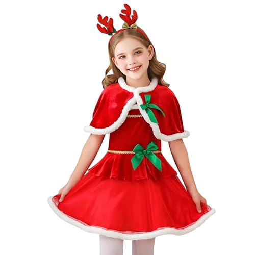 Runstarshow Kinder-Weihnachtsoutfits, 2-teiliges Mädchen-Weihnachtskleid, Samt-Umhang mit Schleife, Weihnachtsmann-Outfit, grünes Elfen-Kostüm für kleine Mädchen, Alter 3–12 Jahre Runstarshow Kinder-Weihnachtsoutfits, 2-teiliges Mädchen-Weihnachtskleid, Samt-Umhang mit Schleife, Weihnachtsmann-Outfit, grünes Elfen-Kostüm für kleine Mädchen, Alter 3–12 Jahre von Runstarshow
