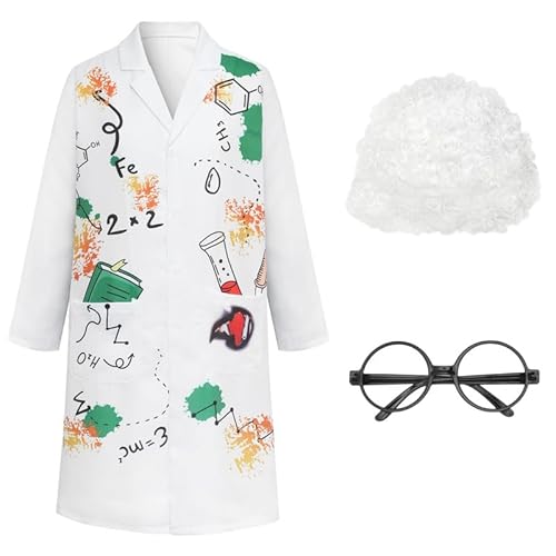 Runstarshow Kinder-Wissenschaftler-Kostüm-Set, 3-teilig, Laborkittel, runde Brille, Labor-Rollenspiel-Outfit, Jungen und Mädchen, Verkleidung für Wissenschaftspartys, Alter 5–12 Jahre von Runstarshow