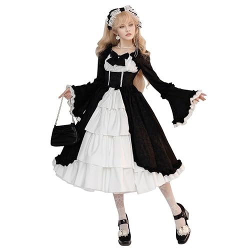 Runstarshow Lolita Kleid für Damen, Mittelalter-Kostüm, Damen, Halloween, Renaissance, Kleider mit Schleife, süßes Gothic-Kostüm, Vintage-Ballkleid, Größen 36-52 (S-5XL) von Runstarshow