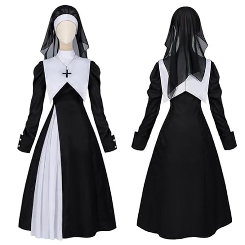 Runstarshow Nonnenkostüme für Damen, religiöses Kostüm, Halloween-Outfits, 4-teiliges Nonnenkleid + Nonnen-Kopfbedeckung + weißer Kragen + Kreuz-Halskette, Größen 36-48 (S-XXL) von Runstarshow