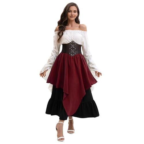 Runstarshow Renaissance-Kostüm für Damen, Halloween-Kostüme, Steampunk-Rock, schulterfrei, viktorianische Bluse, Piraten-Korsettgürtel, 3-teilig, Vintage-Kostüm, M-2XL von Runstarshow