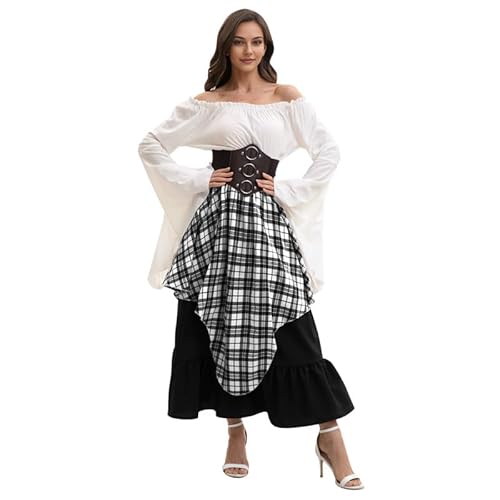 Runstarshow Renaissance-Kostüm für Damen, Halloween-Kostüme, Steampunk-Rock, schulterfrei, viktorianische Bluse, Piraten-Korsettgürtel, 3-teilig, Vintage-Kostüm, M-2XL von Runstarshow