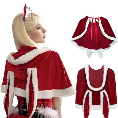 Runstarshow Roter Weihnachtsumhang für Erwachsene, Damen, Weihnachtsmann-Outfit, Kapuzenumhang mit niedlichen Hasenohren, Weihnachts-Kostüme, Samt, Festival-Bademantel, Einheitsgröße von Runstarshow