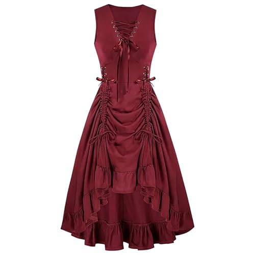 Runstarshow Steampunk Kleid Damen Mittelalter Ballkleid Vampir Kostüm Halloween Renaissance Gothic Piratenkleid Vintage Hexe Outfit S-XXL/EU 36-46 von Runstarshow
