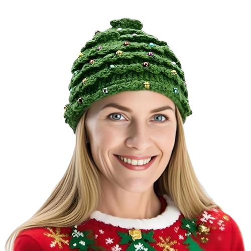 Runstarshow Strickmütze für Kinder, Weihnachtsbaum-Strickmütze, Mädchen, Häkelmütze, festliche Mütze mit Stern, Winter, warme Mützen, niedlich, grün, Feiertagskappe, Einheitsgröße von Runstarshow