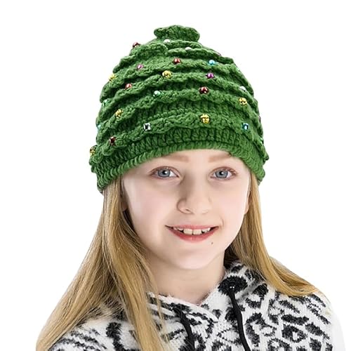 Runstarshow Strickmütze für Kinder, Weihnachtsbaum-Strickmütze, Mädchen, Häkelmütze, festliche Mütze mit Stern, Winter, warme Mützen, niedlich, grün, Feiertagskappe, Einheitsgröße von Runstarshow