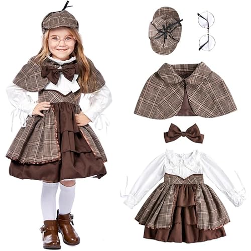 Runstarshow Viktorianisches Kostüm für Mädchen, Detektiv-Outfit, Kinder, Halloween-Kostüme, Mädchen, verkleiden sich 5-teilig, Kleid + Kappe + Umhang + Fliege + Brille, Alter 2–12 Jahre Runstarshow Viktorianisches Kostüm für Mädchen, Detektiv-Outfit, Kinder, Halloween-Kostüme, Mädchen, verkleiden sich 5-teilig, Kleid + Kappe + Umhang + Fliege + Brille, Alter 2–12 Jahre von Runstarshow