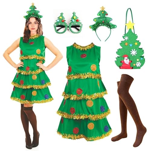 Runstarshow Weihnachtsbaum-Kostüm für Erwachsene, Damen, 5-teilig, glitzerndes Weihnachtsbaumkleid + Stirnband + Brille + Strümpfe + Handtasche, Größen 36-44 (M-XL) von Runstarshow