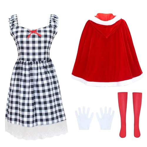 Runstarshow Weihnachtskostüm für Damen, roter Samt, Kapuzenumhang, kariert, Kleid, Strümpfe, Handschuhe, 4-teiliges Weihnachtsoutfit für Kostüme, Größen 36-48 (S-XXL) von Runstarshow