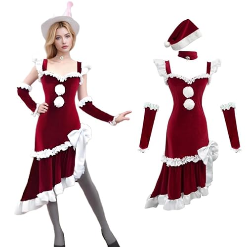 Runstarshow Weihnachtskostüme für Erwachsene, Damen, Frauen-Outfit, Miss Santa Kostüm, 4-teilig, Samt, figurbetontes Kleid, Nikolausmütze, Choker, Handschuhe, Größen 36-52 (S-5XL) von Runstarshow