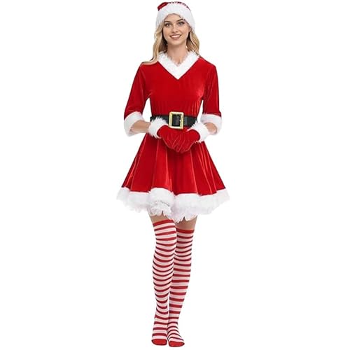 Runstarshow Weihnachtsmann-Kostüm für Damen, Weihnachtsmann-Outfit, Weihnachtsfeier, Verkleidung für Damen, Samt-Outfits, 5-teiliges rotes Kleid, Nikolausmütze, Strümpfe, Handschuhe, Gürtel, Größen 36 von Runstarshow