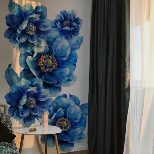 Runtoo Große Pfingstrosen-Wandkunst-Aufkleber, 3D-Boho-Stoff, blau, florales Wandbild, Aufkleber für Mädchen, Schlafzimmer, Wohnzimmer, Büro, Zuhause, Hintergrunddekoration von Runtoo