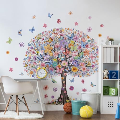 Runtoo Großer Baum Wandaufkleber Baum des Lebens Schmetterling Blumen Wandkunst Aufkleber Wohnzimmer Mädchen Schlafzimmer Wanddekoration von Runtoo