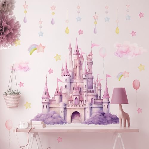 Runtoo Magische Prinzessinnenschloss-Wandaufkleber für Mädchenzimmer, abziehen und aufkleben, Wolkenstern-Wandaufkleber, Märchen, Kinderzimmer, Schlafzimmer, Dekoration von Runtoo