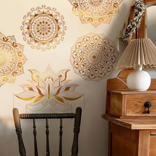 Runtoo Mandala-Wandaufkleber, Boho-Stil, groß, goldfarben, Lotusblumen, Wandaufkleber, zum Abziehen und Aufkleben, Schlafzimmer, Wohnzimmer, Yoga, Kopfteil-Dekor von Runtoo
