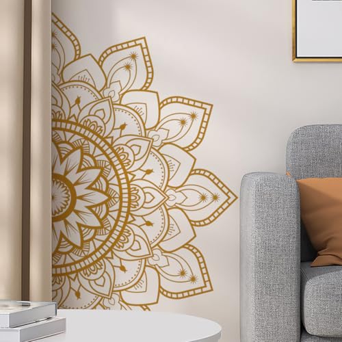 Runtoo Wandaufkleber, halbes Mandala, groß, zum Abziehen und Aufkleben, goldfarben, Boho-Lotusblumen-Wandaufkleber für Wohnzimmer, Schlafzimmer, Yoga, Kopfteil, indische Dekoration von Runtoo