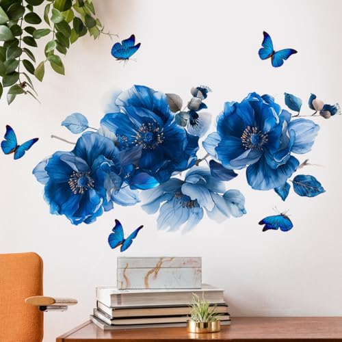 Runtoo Wandaufkleber mit blauen Blumen, Schmetterling, Aquarell, für Schlafzimmer, Wohnzimmer, Badezimmer, Heimdekoration von Runtoo