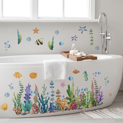 Runtoo Wandsticker "Under The Sea", Korallenriff und Meeresalgen, Kreatur, Meeresleben, Fische, Ozeangras, Wanddekoration für Badezimmer, Kinderzimmer, Kinderzimmer, Kinderzimmer von Runtoo