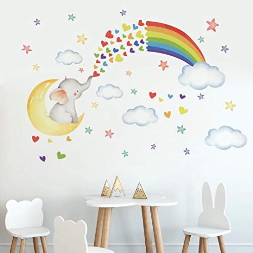 Runtoo Wandtattoo Elefant Baby Wandsticker Regenbogen Wandaufkleber Mond und Sterne Kinderzimmer Babyzimmer Schlafzimmer von Runtoo